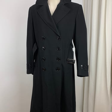 1940's Double Breasted Trench Coat - Black Wool Gabardine - 8 Button Closure - Belted - Storm Pockets - Men's Size Medium to Large 