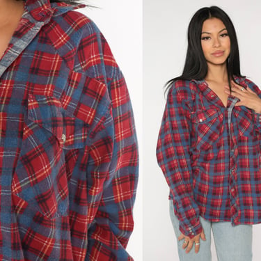 Pearl Snap Flannel Shirt -- 90s Plaid Flannel Shirt Red Blue Western Shirt Button Down up Vintage Long Sleeve Large L 