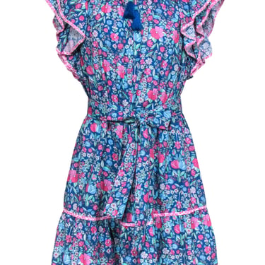 Shoshanna - Teal & Pink Floral Cotton Swing Dress w/ Tie Waistline & Ruffles Sz 12