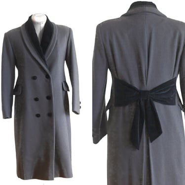 1980s gray wool overcoat with black velvet trim 