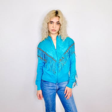 Miller Cardigan Fringe Sweater // vintage 70s knit western dress boho southwestern blouse blue hippy hippie suede turquoise // S Small 