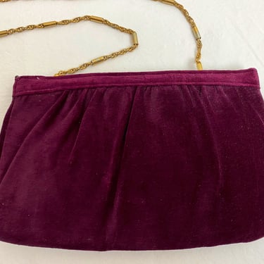 90’s lush burgundy velvet clutch purse with long gold chain link strap lovely evening bag special occasion compact handbag 