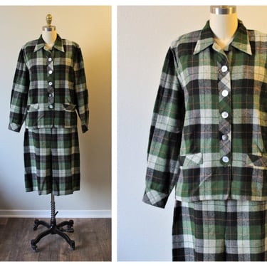 Vintage 1940 40s MINNESOTA WOOLEN CO Green Wool Plaid Jacket & Skirt Set Suit Women // Modern Size 8 10 Med Large 