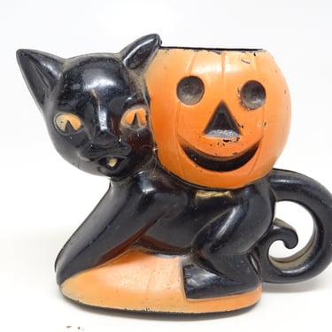 Vintage 1940's Halloween Candy Container, Rosbro Black Cat Holding a Jack-o-lantern, Antique Party Decor 