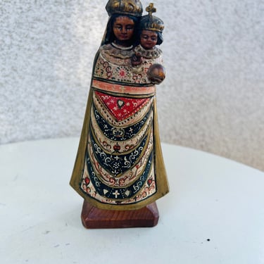 Vintage rustic wood statue religious Lady of Loreto 6 1/4”x 2” x 1.5” signed Rome 