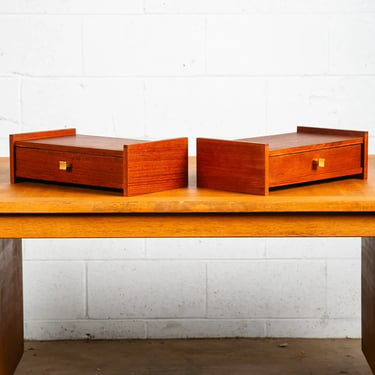 Mid Century Danish Modern Nightstands Floating Teak Brass Drawer Pair Tables Two