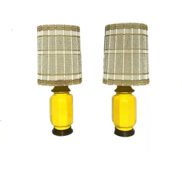 Mid century modern 1960s pair yellow urn table lamps maria kipp shades 