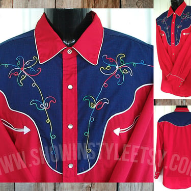 Vintage Men's Cowboy & Rodeo Shirt, No Label - Unbranded, Bright Red with Blue Embroidered Yokes,  Tag Size XLarge (see meas. photo) 