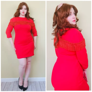 1980s Vintage Red Cotton Knit Body Con Dress / 80s Hearts Fringe Trim Western Dress/ Size Large 