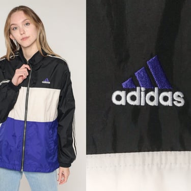 Striped Adidas Windbreaker Y2K Track Jacket Black White Purple Color Block Sporty Zip Up Warmup Retro Athletic Vintage 00s xl 2xl xxl 