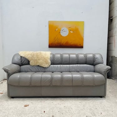 Gray Tufted Leather 1980s Couch