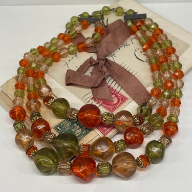 1960’s Green and Orange Triple Strand Beaded Necklace
