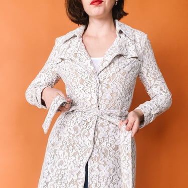 Y2K White Lace Trench Coat, sz. S