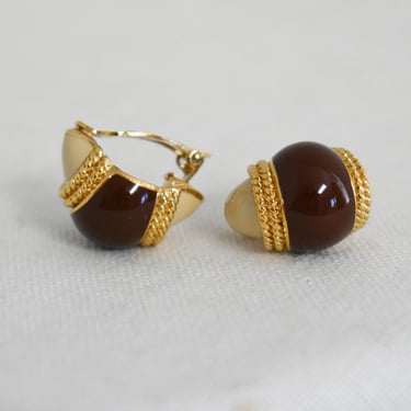 1990s Deep Red-Brown and Cream Enamel Clip Earrings 