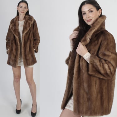 Womens Autumn Haze Mink Coat, 60s Real Fur Cropped Jacket, Large Collar Overcoat With Pockets 