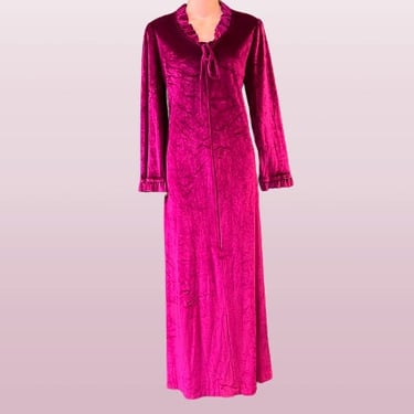 pink velour lounge gown 1970s luxe ruffled long nightgown / house dress XL 