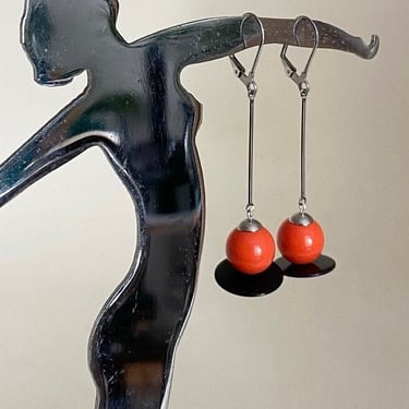 Art Deco Modernist style Vintage Orange & Black Phenolic bakelite earrings machine age by BakeliteBa