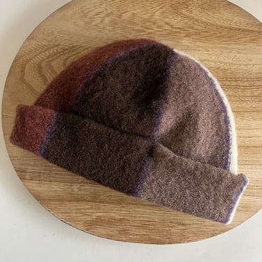 Handmade Vintage Wool Knit Purple Brown Patchwork Fold Over Beanie 
