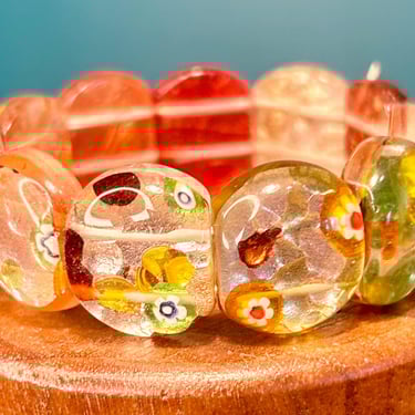 Vintage Glass Beaded Bangle Bracelet Coloful Design Art Glass Stretchy 