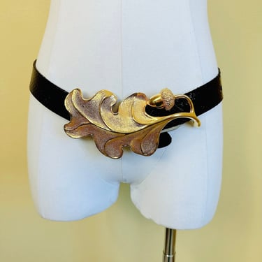 1980s Giant Acorn and Leaf Gold Belt With Black Paten Leather Waist / Size Large 31.5