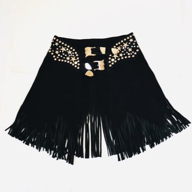 90s Vintage Black Leather Fringe Belt Skirt Medium K Baumann Studded Leather Fringe Belt Rhinestone Cowgirl Cowboy Rodeo 