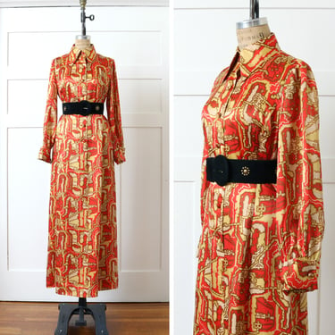 vintage 1970s abstract print shirt dress • stylish long satin disco era red & gold dress with long cuffed sleeves 