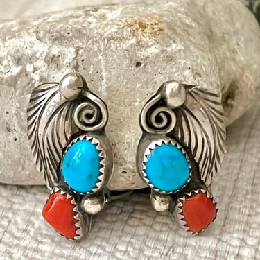 Vintage Statement Earrings, Sterling Silver, Turquoise, Coral, Signed 