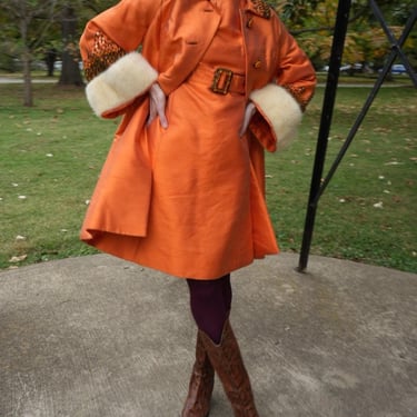 1960s Dress and Coat Suit Set / Bright Orange Dupioni Silk with Copper Brown Sequins Beadwork and Mink Fur Cuffed Mod Jacket 