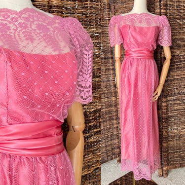 Deep Pink Dress, Lace Overlay, Vintage 80s, Mid Calf Length, Tea Length, Prom Wedding Bridesmaid 