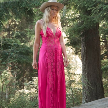 70's Hot Pink Lace Lingerie Slip Dress, 80's Sheer Maxi Dress | Val Mode Sexy Nightie | Mermaid Night Dress 