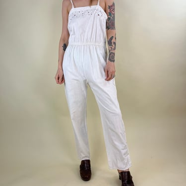 90s White Cotton Jumpsuit / Embroidered Hippie Romper / Medium 