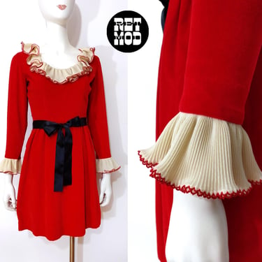 Iconic Vintage 60s 70s Red Velvet Dolly Dress with Pintuck Ruffles 