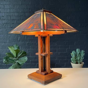 Arts & Craft Mission Oak Table Lamp w/ Slag Glass, c.1940’s 