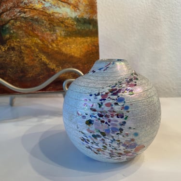 Colorful Iridescent Art Glass Vase Handblown Artist Signed | Vibrant Iridescent Glass Paperweight | Studio Art Glass Orb Oil Lamp 