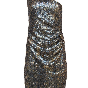 David Meister - Gold & Blue Sequin One Shoulder Dress Sz 8
