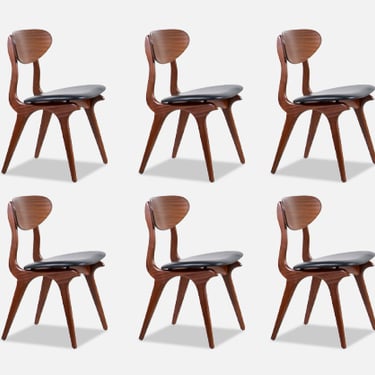 Louis van Teeffelen Sculpted Teak & Leather Dining Chairs for Webe
