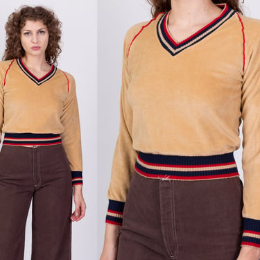 80s Tan Velour Cropped Sweater - Extra Small | Vintage Striped Long Sleeve V Neck Sweatshirt 