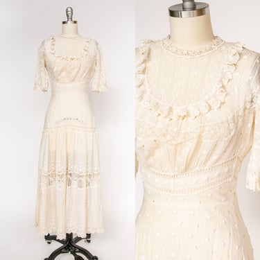 1910s Antique Dress Sheer Lace Cotton XS 