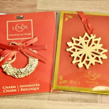 2 Lenox Christmas Ornament Set Silver Jeweled Snowflake Charm Ornament & Lenox China Snowflake Original Factory Package NOS Holiday Decor 