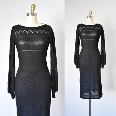 Daisy 70s black sweater dress, long sleeve knit dress, 80s midi dress, vintage dresses for women, see through dress 