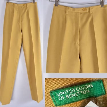 80's United Colors of BENETTON Pants, Womens 40 ITALY, Slacks, Yellow Gold Stretch Dress Pants, Size Small, Vintage 1980's Creased Trousers 