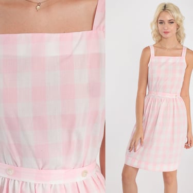 Pink Gingham Dress 80s Mini Sundress Sleeveless High Waisted Full Skirt Pinafore Day Sun Dress Checkered Print Vintage 1980s Extra Small xs 