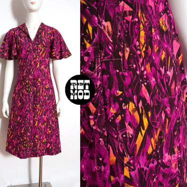 Fantastic Psychedelic Vintage 60s 70s Magenta Purple Pink Abstract Patterned Dress with Flutter Sleeves 