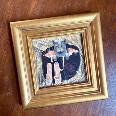 Vintage Style Cat + Ballet Art in Gold Frame | Gallery Wall, Religious Art | Miniature Art 