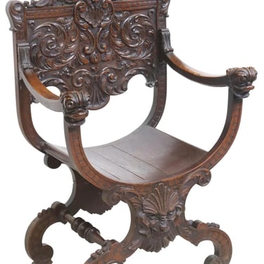 Antique Armchair, Curule, Renaissance Revival, Carved Oak, Crest, Foliate, 1800s