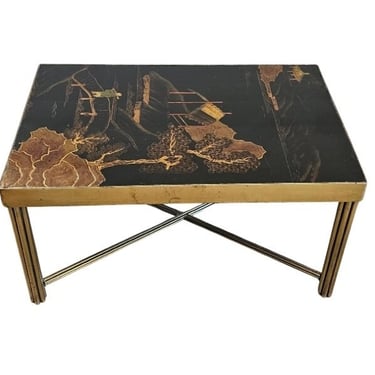 Vintage Chinoiserie Lacquered Gilt Metal Base Coffee Table / End Table After Maison Jansen 