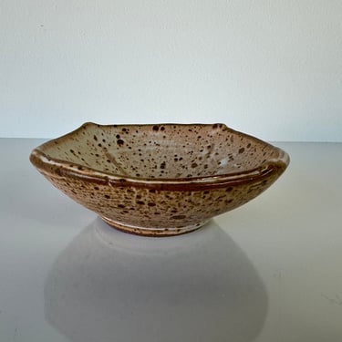 Vintage Organic Speckled Glazed Pottery Bowl, Signed 
