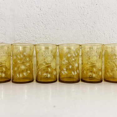 Vintage Yellow Juice Glasses Drinking Dandelion Flower Glass Set of Six White Floral Pattern 1970s 