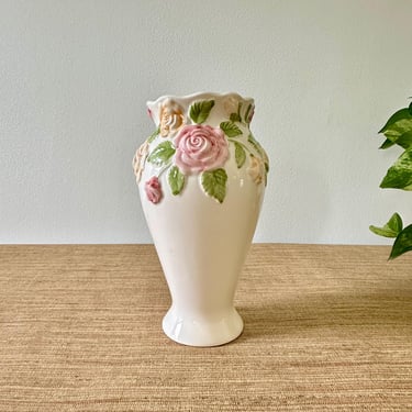 Vintage Floral Ceramic Vase - Pastel Pink & Yellow Roses 