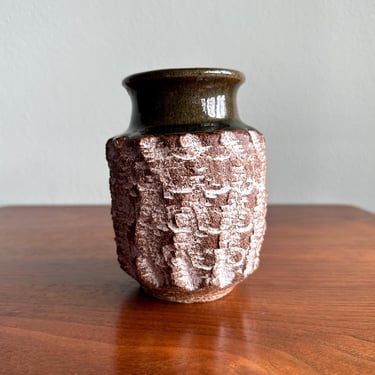 Midcentury F. Carlton Ball textured vase / Pacific Northwest studio pottery / dark green signed ceramic vessel 